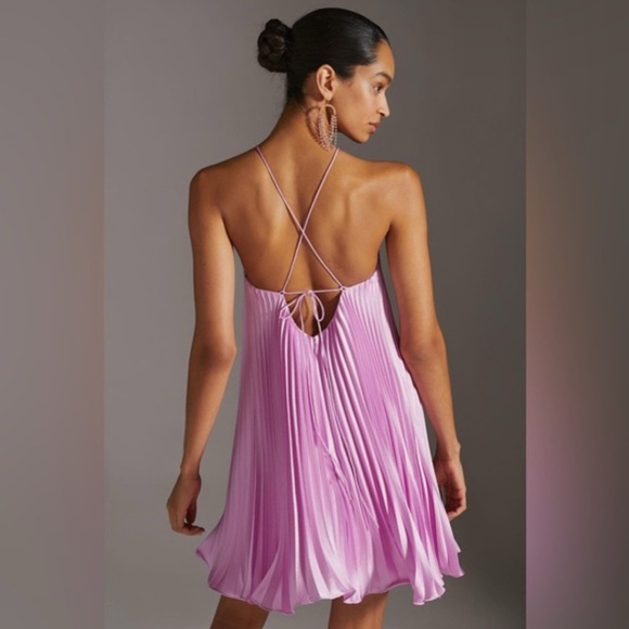 ML Monique Lhuillier‎ Satin Halter Mini Dress Pink Pleaded Evening Dress Size 16 - Picture 1 of 8